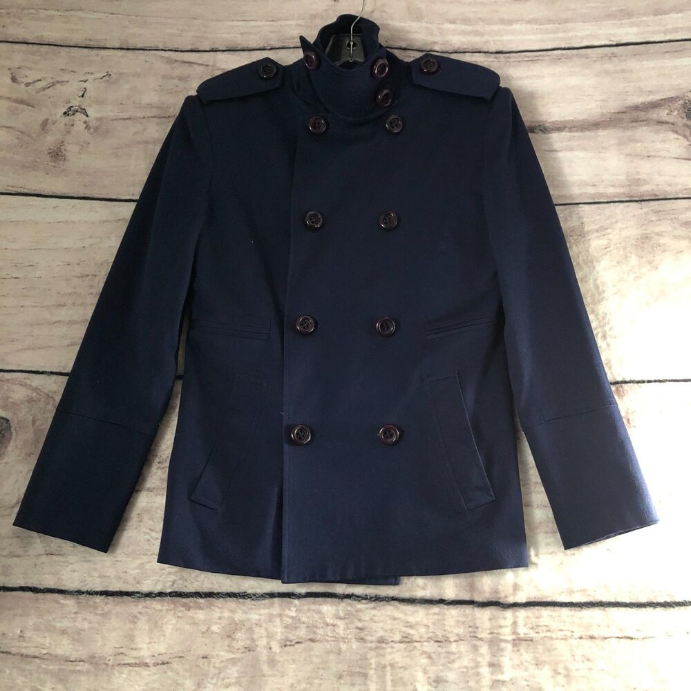 Von Lancelot Trench Coat S Navy Blue Double Breasted Jacket Military Goth Punk - Picture 1 of 16
